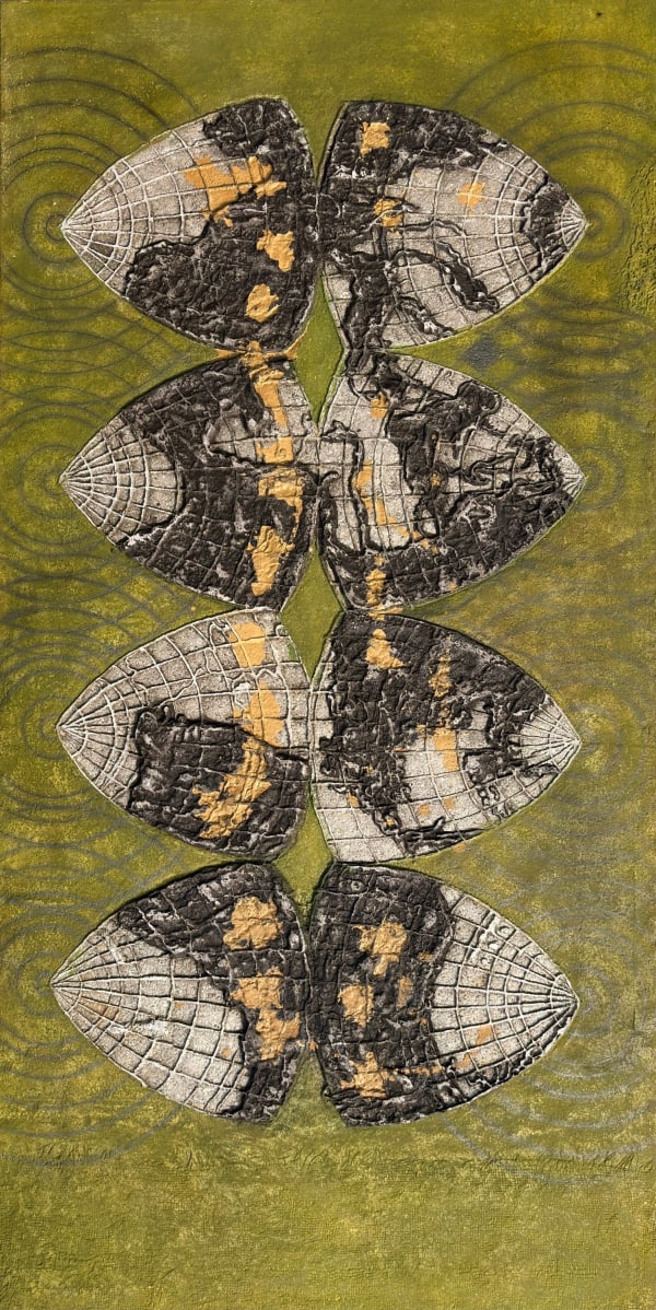 Dinar Sultana Reverberation of line, 2025 Different colours of clay, charcoal, graphite, watercolor on newspaper pulp made self-made paper 183 x 92 cm 72 x 36 1/4 in