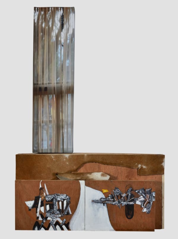 Probir Gupta Clouds in Leather, 2024 Leather, wood, acrylic and oxides on wood 99.1 x 61 cm 39 x 24 in