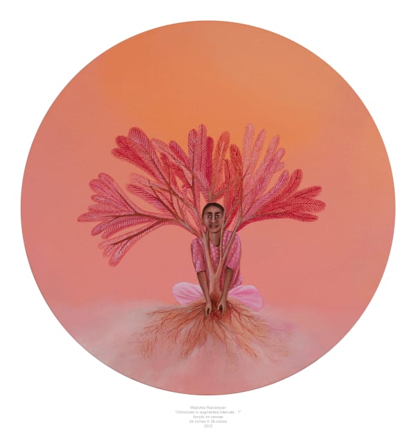 Malavika Rajnarayan Chronicles in Augmented Intervals 5 , 2023 Acrylic on Canvas 14 in diameter