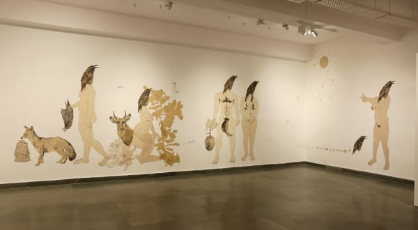 Debashruti Aich The Siwan Chapter, 2025 Watercolour, acrylic, dry point, and embroidery, on rice paper and fabric cut-outs Site-specific installation, variable sizes