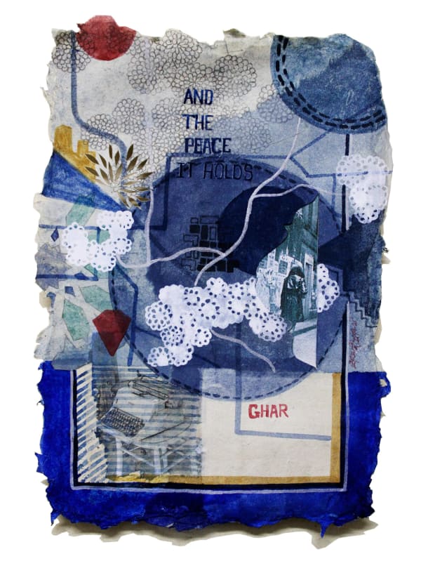 A painting primary in blue tones on Nepali paper pasted on three layers of wasli paper depicting patterns, motifs, architecture, portraits and text that represents the nostalgia of the artist for her ancestral lineage and home in Bangladesh