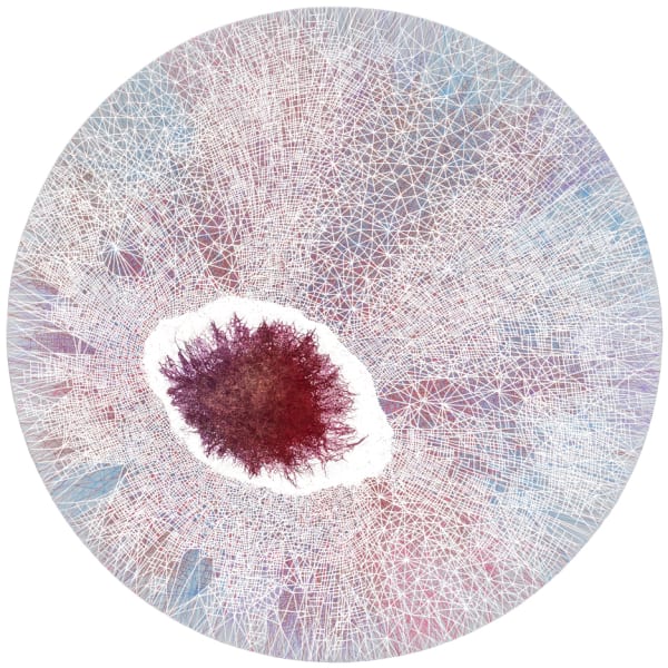 The circular painting on canvas rendered in multiple colours using inks and fibres intends to locate and illustrate the inner life and collaborative communion of diversity within micro ecosystems and their phenomenal ways of self- organizing and working; Artistically larger than life in its entirety.