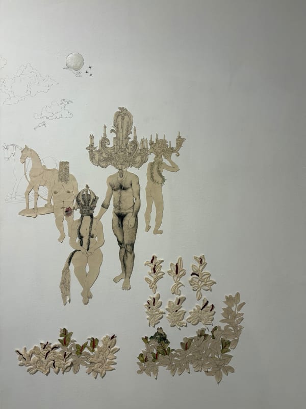 Debashruti Aich Untitled, 2024 Watercolour on rice paper cut-outs and embroidery on fabric cut-outs Site-specific installation, variable sizes