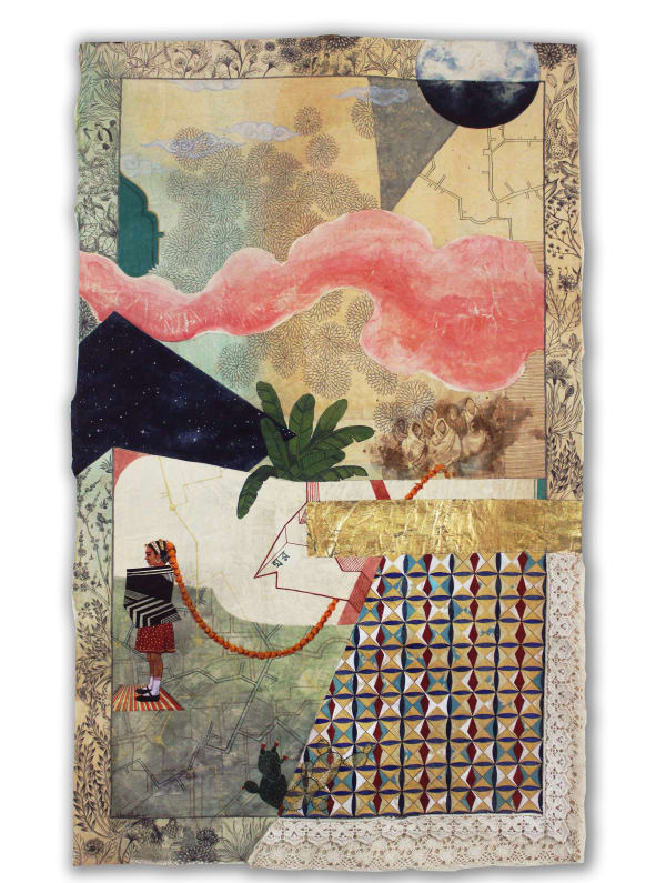 Ekta Singha Garland of Memories , 2024 Natural pigments, gouache, gold foil, crochet, Khadia and Nepali handmade paper on linen 100.5 x 61 cm 39 5/8 x 24 in