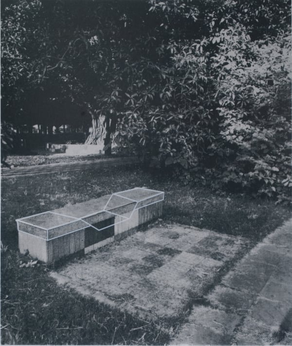 A monochromatic artwork depicting a photograph of a bench in a park over which the artist has drawn a geometrical structure outlining it
