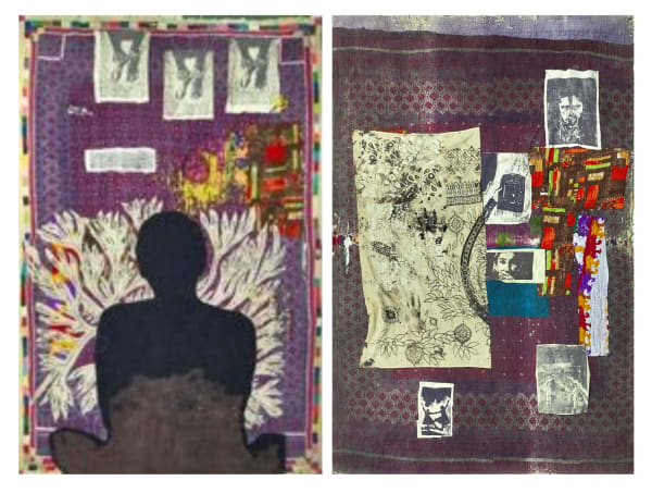 Deena Pindoria “I Was There, I Made This, They Forgot Me”, 2025 Woodcut prints, woodblock prints, acrylics, threads on archival dhadki (dari) Two side Installation 228.6 x 127 cm 90 x 50 in