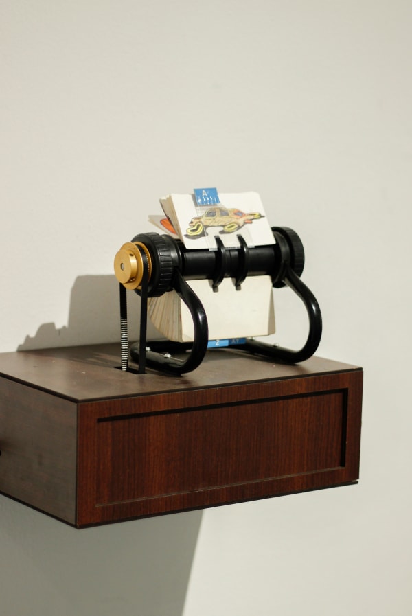 Alexander Gorlizki Bikaner House Rolodex, 2024 Rolodex, motor and mixed media on paper 26 x 32 x 11 cm