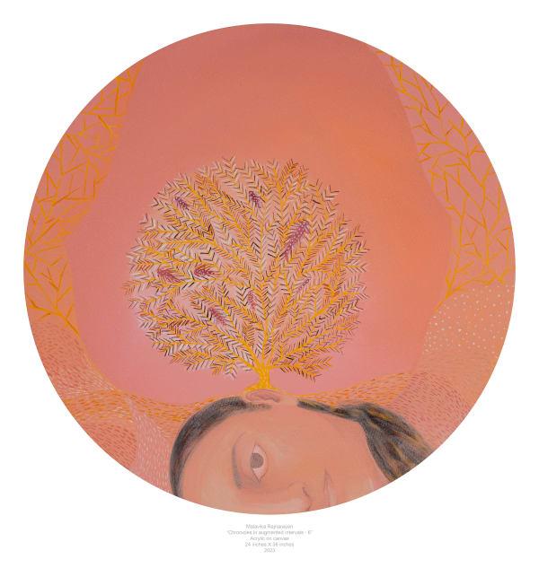 Malavika Rajnarayan Chronicles in Augmented Intervals 6 , 2023 Acrylic on Canvas 14 in diameter