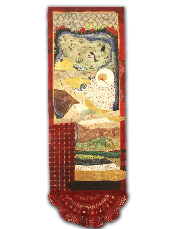 Ekta Singha Journey through the Moon, 2024 Natural pigment, gouache, gold foil, crochet, Khadia and Nepali handmade paper on linen 87 x 34 cm 34 1/4 x 13 3/8 in