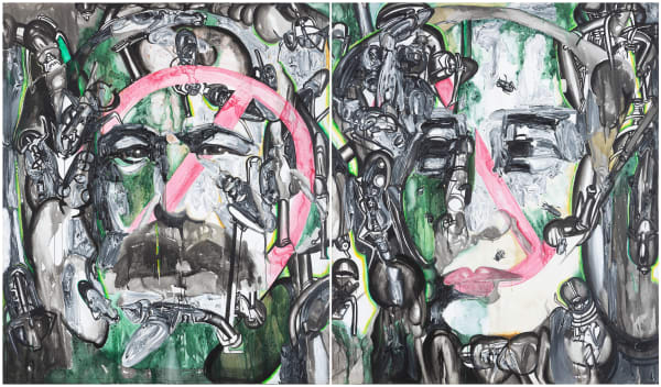 A large diptych titled Marx and Man, No Face Value painted by contemporary Indian artist Probir Gupta