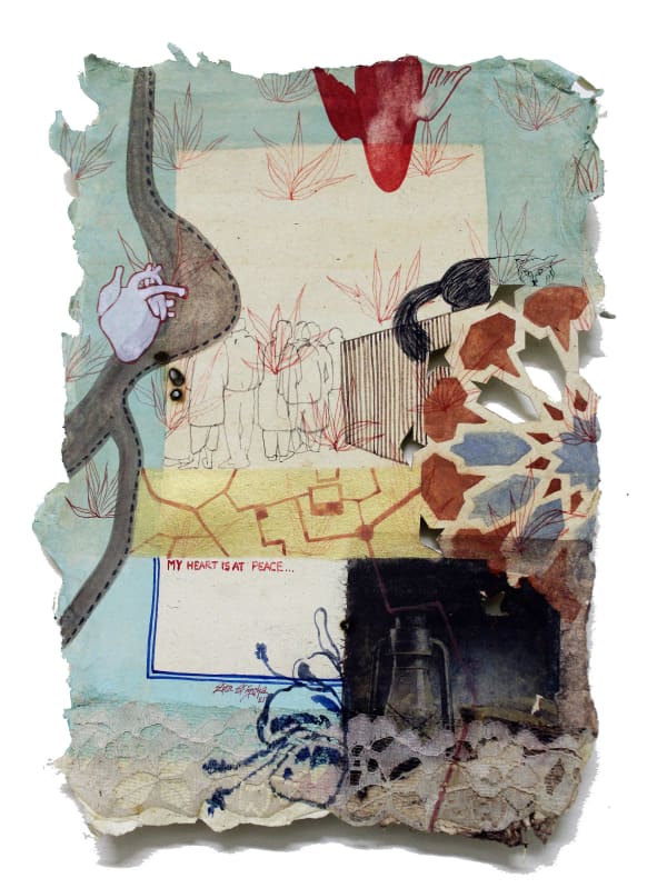 A colourful painting on Nepali paper pasted on three layers of wasli paper depicting patterns, motifs, architecture, portraits and text that represents the nostalgia of the artist for her ancestral lineage and home in Bangladesh