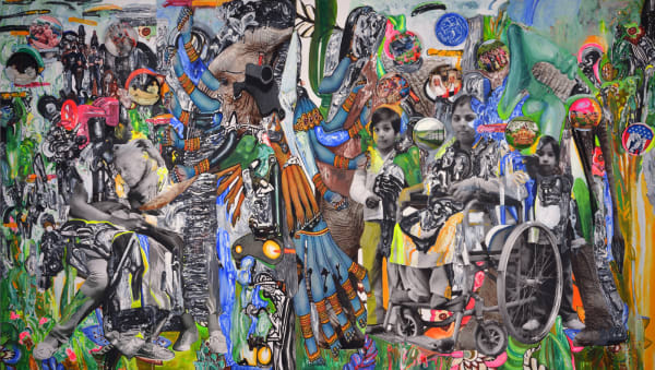 Probir Gupta The Bahujan Syndicate, 2024 Photograph, acrylic & oxides on canvas 243.8 x 426.7 cm 96 x 168 in