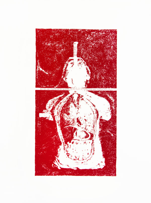 Sarasija Subramanian Sword Swallower - Red (Ban the old, dry methods series), 2022 Serigraphy 55.9 x 76.2 cm 22 x 30 in Edition 3 of 13