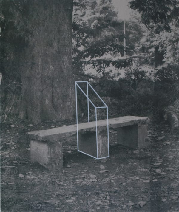 A monochromatic artwork depicting a photograph of a bench in a park separated by a geometrical structure screen printed in the middle of it