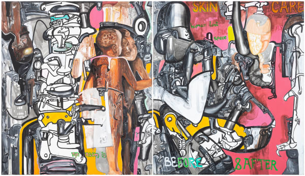 A large painting titled Scrap Management by contemporary Indian artist Probir Gupta
