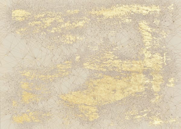 An abstract work on paper in golden showing the underground network of roots.