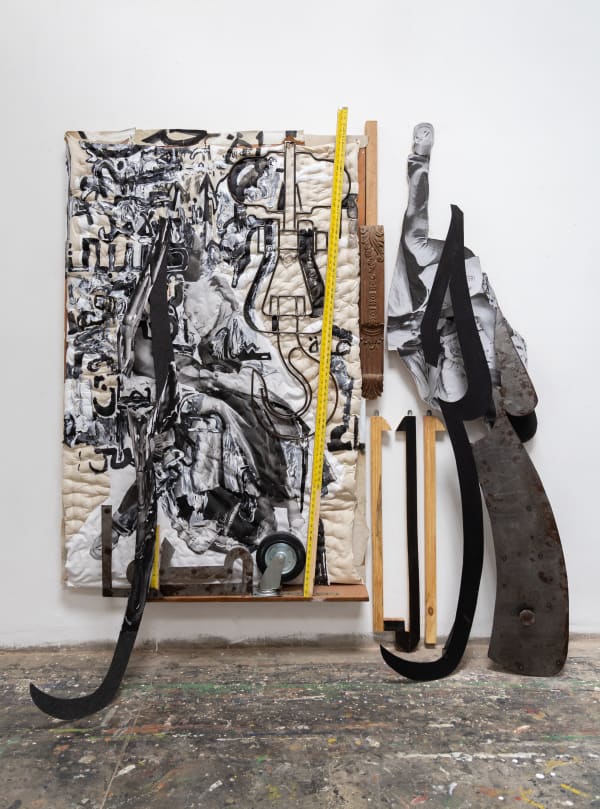 Probir Gupta Contre sens / Reversal, 2025 Cotton Quilt, Photograph, Iron, Wood, Acrylic and Iron Oxides 221 x 188 cm 87 x 74 in