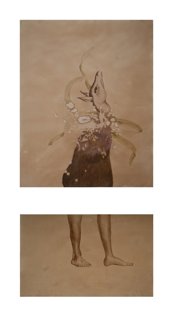 Gopa Trivedi Monsters of our making: IV, 2024 Watercolour and Walnut Ink on Coffee-Toned Paper 243.8 x 116.8 cm 96 x 46 in