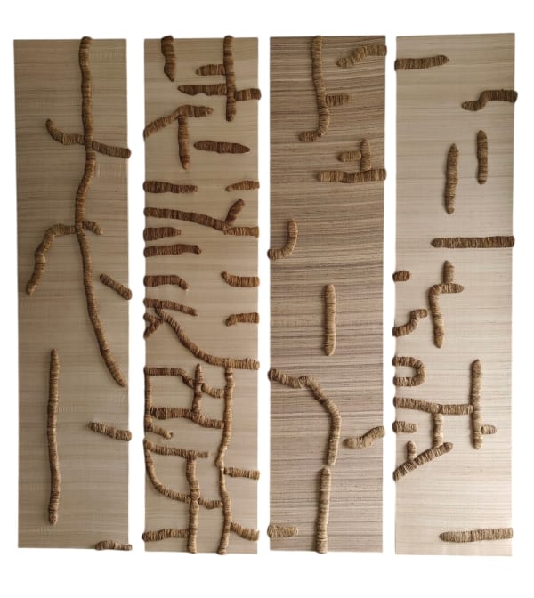 Juhikadevi Bhanjdeo Home, 2025 Silk fabric and silk yarn 55.9 x 233.7 cm each 22 x 92 in each 4 Silk Scrolls