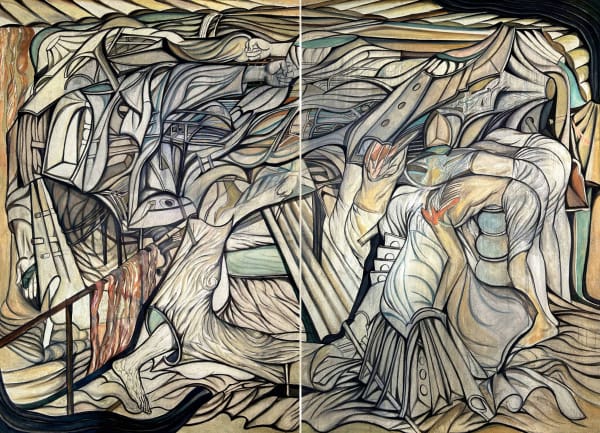 Vikrant Bhise They Made Us Wear It , 2025 Acrylic on canvas 182.9 x 243.8 cm 72 x 96 in Diptych