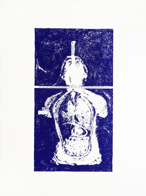 Sarasija Subramanian Sword Swallower - Blue (Ban the old, dry methods series), 2022 Serigraphy 55.9 x 76.2 cm 22 x 30 in Edition 3 of 13