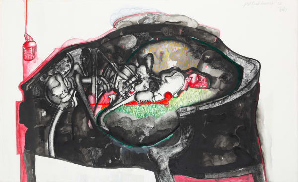 A mix media work on paper titled 'Political Harvest' by contemporary Indian artist Probir Gupta