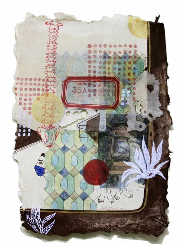 A colourful painting on Nepali paper pasted on three layers of wasli paper depicting patterns, motifs, architecture, portraits and text that represents the nostalgia of the artist for her ancestral lineage and home in Bangladesh