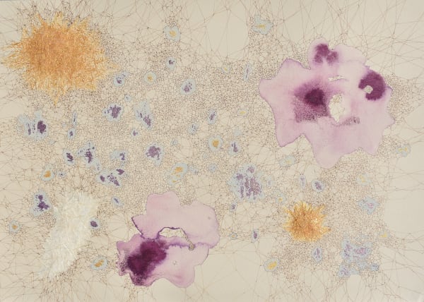 An abstract work on paper in purple and orange showing the underground network of roots