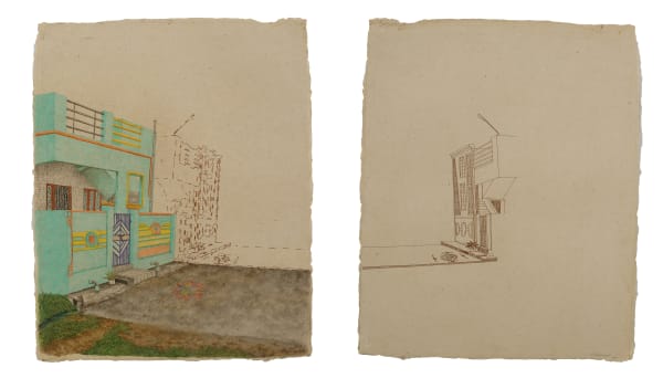 Dakshayani Chippada Beyond Comparison - 3, 2025 Hand stitched with copper wire and colour pencil on Wasli paper 38.1 x 55.9 cm 15 x 22 in