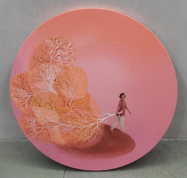 Malavika Rajnarayan Chronicles in Augmented Intervals 4 , 2023 Acrylic on Canvas 14 in diameter