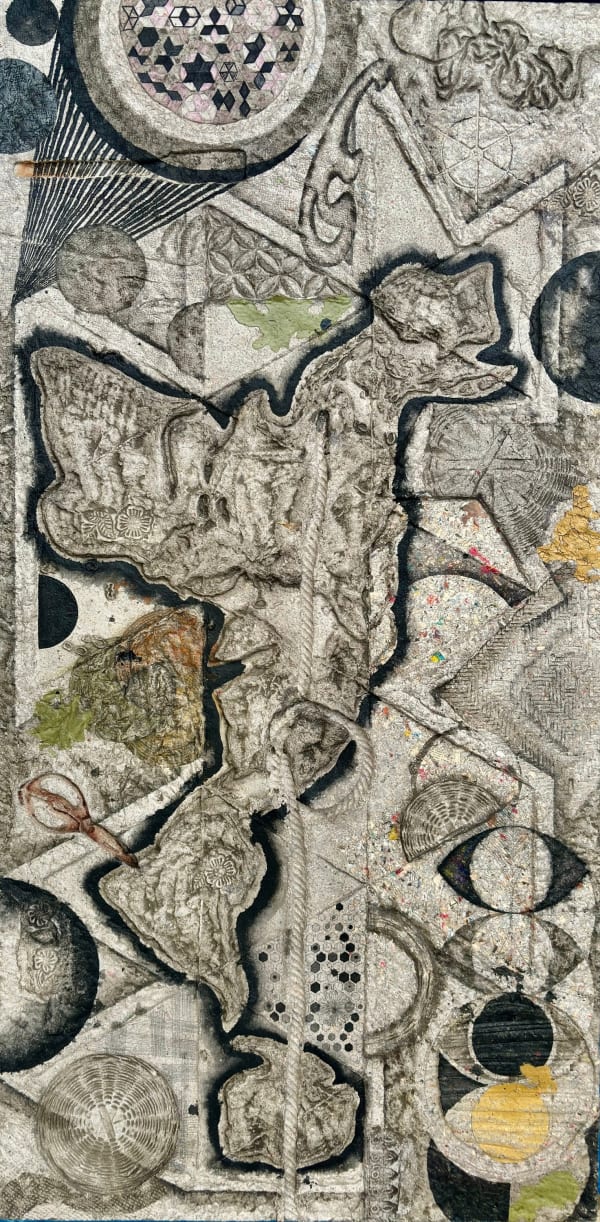 Dinar Sultana The balance between space, surface, light, texture, time and narrations, 2024 Different colour of clay, charcoal, graphite, watercolor on newspaper pulp made self made paper 183 x 92 cm 72 x 36 1/4 in