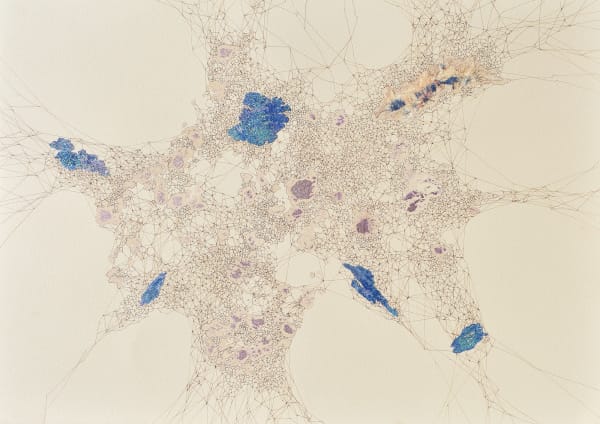 An abstract work on paper in blue showing the underground network of roots