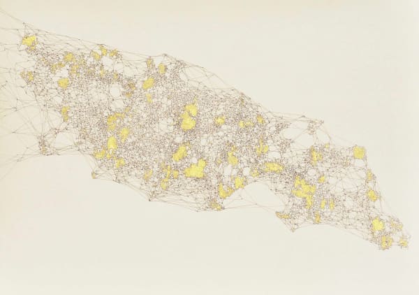 An abstract work on paper in golden showing the underground network of roots