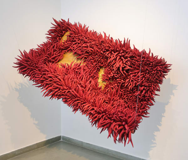 Juhikadevi Bhanjdeo Kachangadi, 2025 Natural dyed pure cotton and safety pins (with stain steel roads for installation) 182.9 x 127 x 30.5 cm 72 x 50 x 12 in