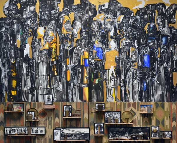 Probir Gupta Migrant Workers, 2022 Acrylic and oxides on canvas, textile and photographs & objects 320 x 396.2 cm 126 x 156 in