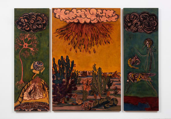 Lavanya Mani No Man's Land, 2018-19 Natural Dyes on Cotton Fabric 182.9 x 304.8 cm 72 x 120 in Triptych