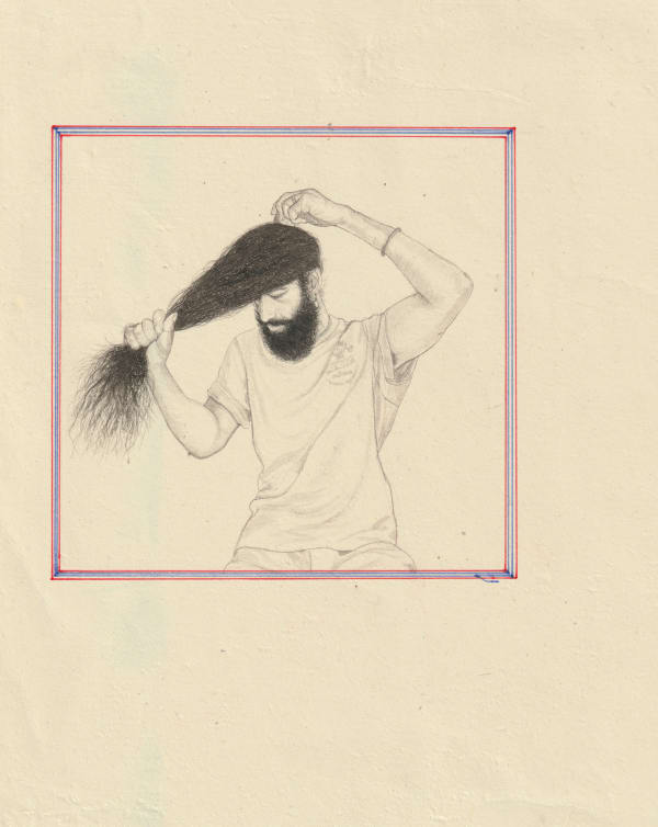 Jatinder Singh Durhailay, Self portrait combing kes, 2023