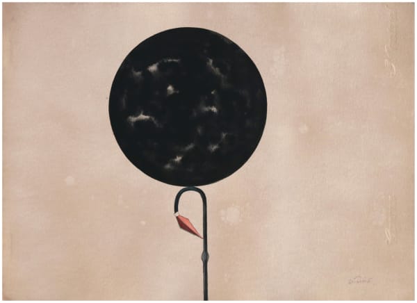 Painted during the pandemic, the artwork depicts a black full moon balanced on the curve of a twisted U- shaped spear