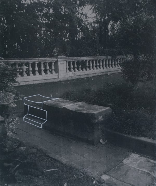 A monochromatic artwork depicting a photograph of a bench in a park over which a geometrical structure in white has been screen printed by the artist on one of the sides
