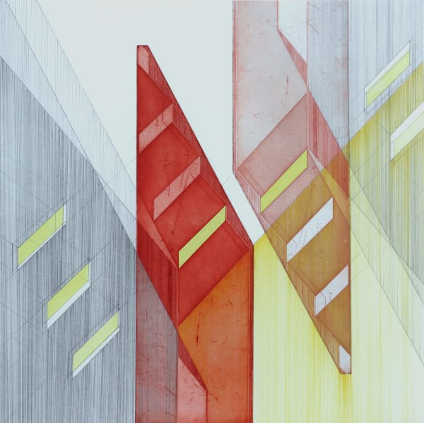 Bronwen Sleigh RSA Monar Dam III Pencil, pen and gouache over etching Unframed: 44.5 x 44.5 cm Framed: 55 x 55 cm