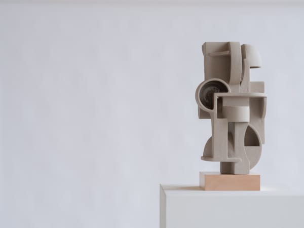 Derek Wilson, Medium constructed sculpture on sycamore base– Grey engobe with orange pigment