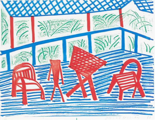 David Hockney, Two Red Chairs and Table, 1986