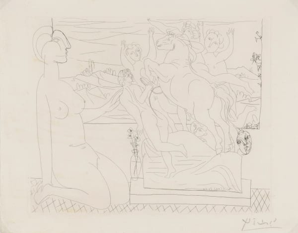 Pablo Picasso, Marie-Therese agenouillee Modele contemplant un Groupe sculpte (s.9816), 1933