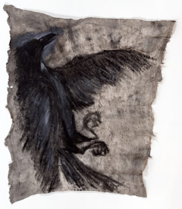 Хаим Сокол Bird on a rag 2 (banner) | Птица на тряпке 2 (знамя), 2020 Acrylic primer on stitched linen canvas, dirt, metal | Холстопрошивное полотно (половая тряпка), акриловый грунт, грязь, металл 163 х 193 cm