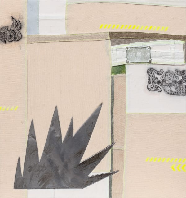 Саша Кокачева From the series "Somewhere Nowhere or Closer" | Из серии "Где-то нигде или поближе", 2025 Charcoal, aerosol on stitched canvas, steel, etching on metal on stitched canvas, foam plastic | Сшитый холст, уголь, аэрозоль, сталь, травление на металле, пеноплекс 61 x 57 x 5 cm 24 x 22 1/2 x 2 in