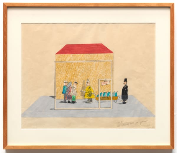 David Hockney Ubu Collecting Taxes from Peasants, 1966 initialled, titled and dated ‘Ubu Roi. Ubu collecting taxes from peasants DH. 66’ lower right wax crayon, coloured pencil and graphite on paper 40.6 x 50.6 cm16 x 19.9 in