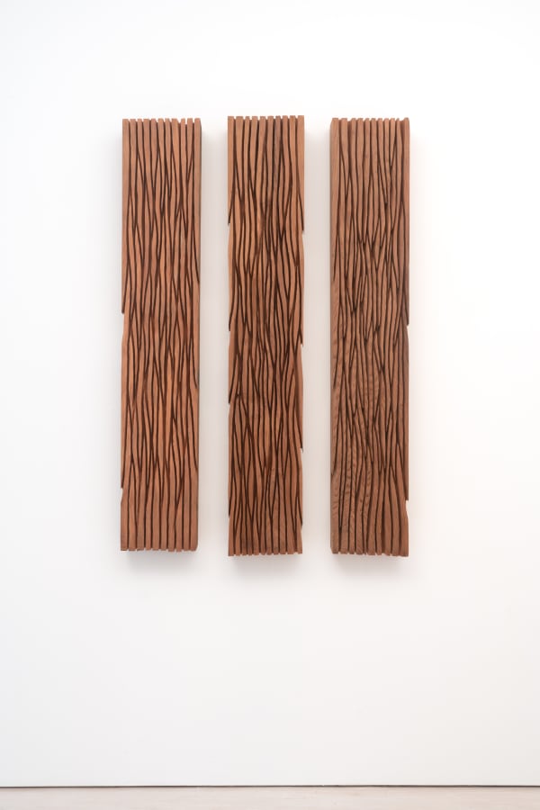 David Nash Three Streaming Panels, 2023 Redwood i) 128 x 23 x 9 cm ii) 130 x 23 x 9 cm iii) 129 x 23 x 9 cm