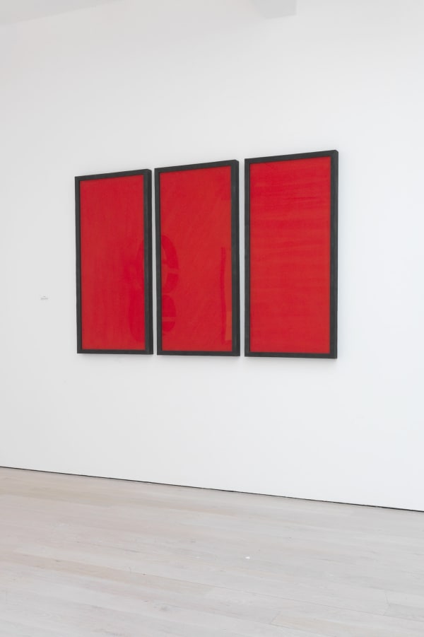 David Nash Three Reds - Three Directions, 2014 pastel on paper in charred frames 3 parts, each part: 116.5 x 55 x 6 cm