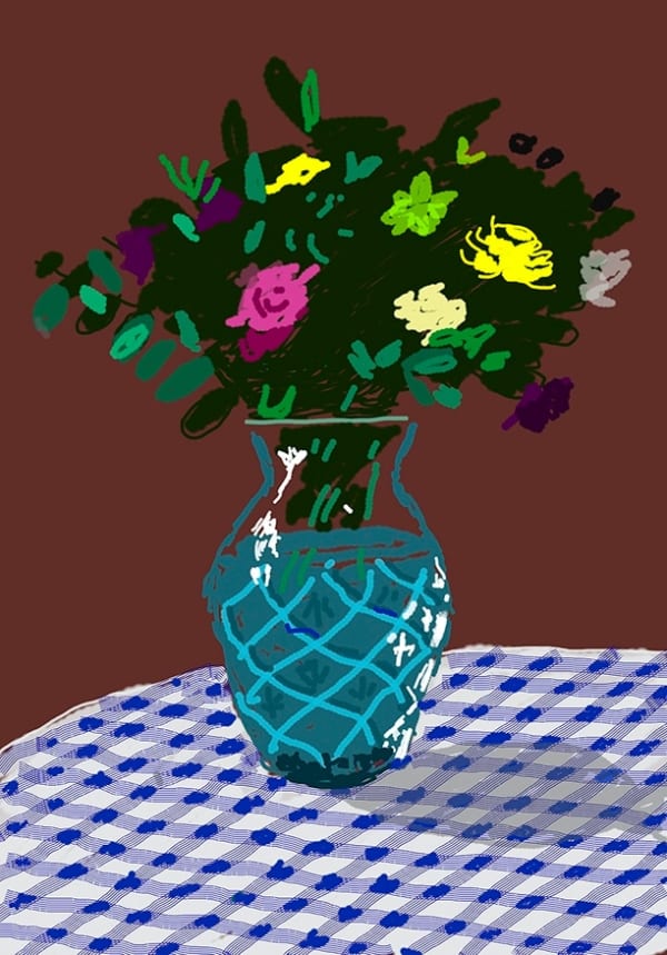 David Hockney 21st March 2021, Purple and Yellow Flowers in a Vase, 2021 iPad painting printed on paper, ed. 31/50 89 x 63.5 cm35 x 25 in