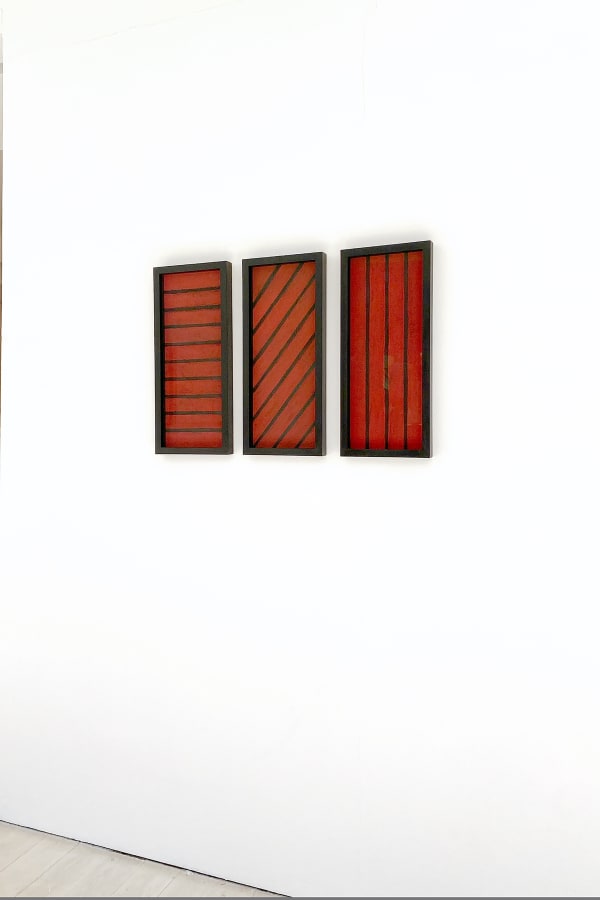 David Nash Red and Black, 2008 pastel on paper with charred frame 3 parts, each: 54 x 24 cm